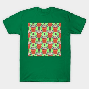 Cute Potted Cat Plant Clover Pattern T-Shirt